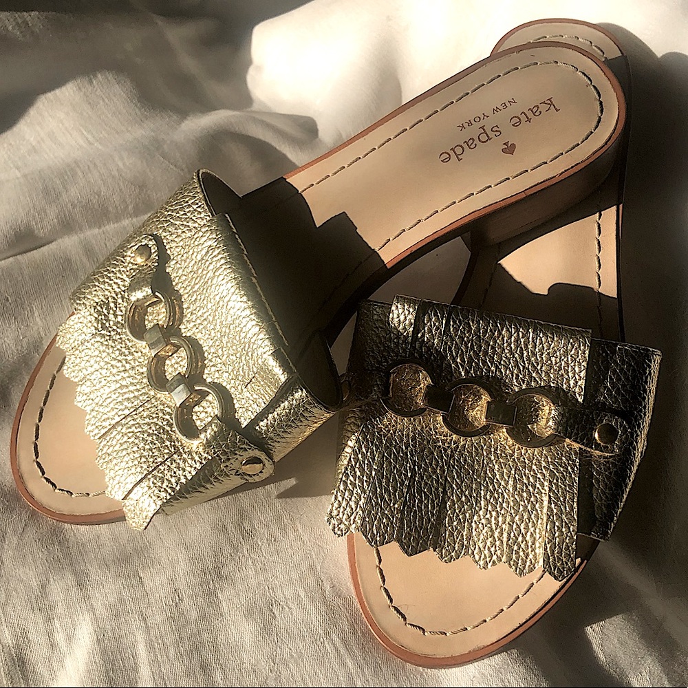 Kate Spade gold fringe and gold trim sandals